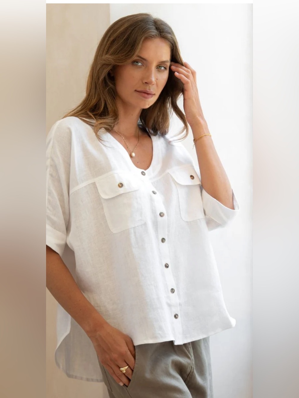 Nomad White Linen Relaxed Button-Front Pocket Shirt m/l